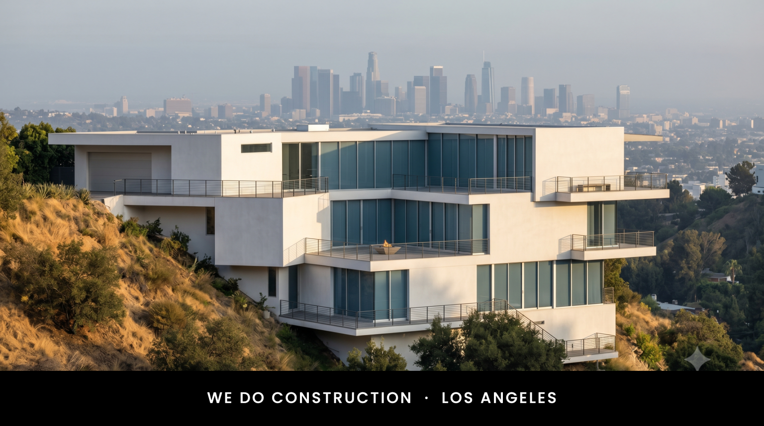 Full Home Remodeling in Los Angeles — Hollywood Hills three-story cascading residence with downtown skyline beyond