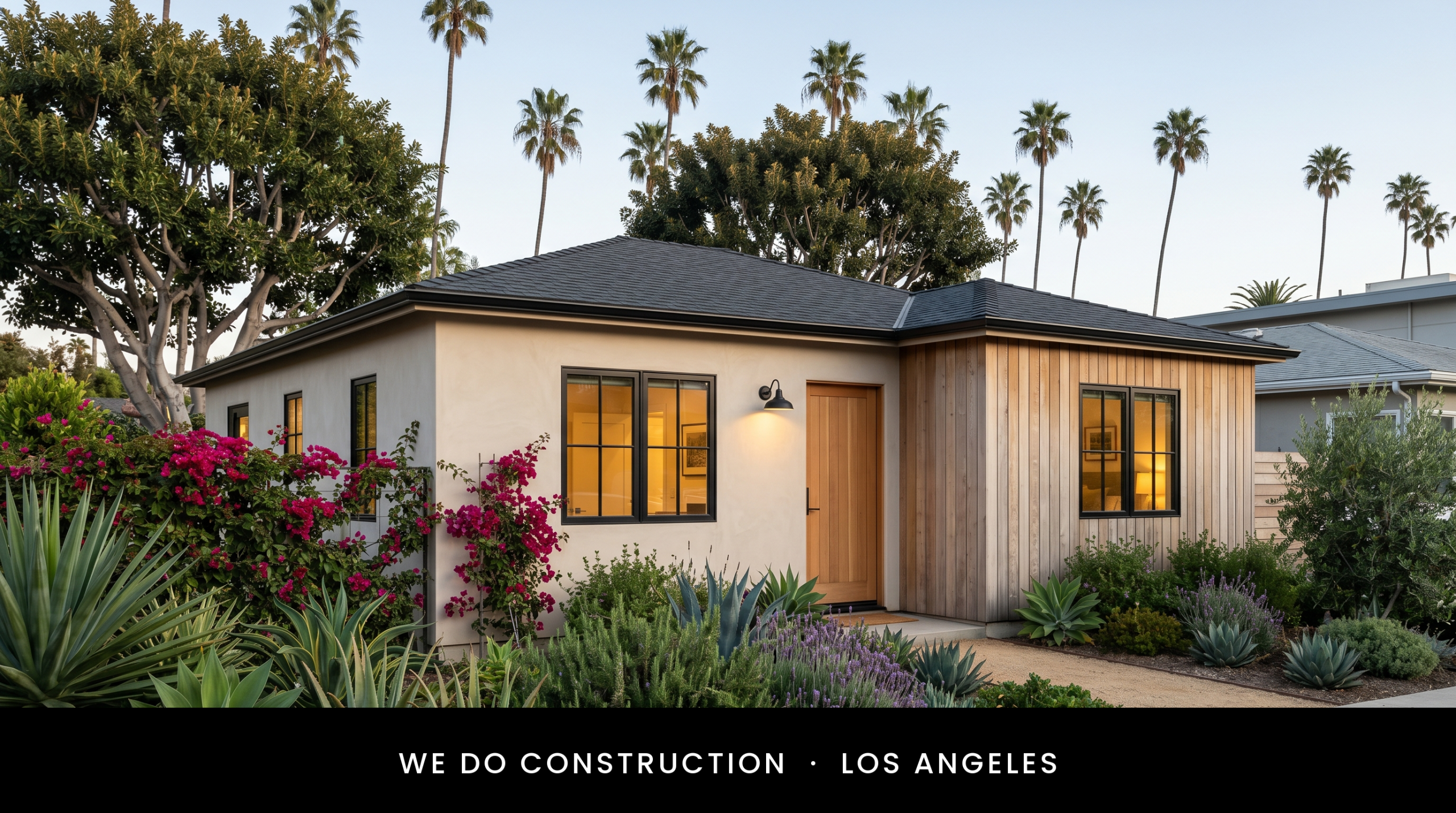 Stucco + cedar + palms + agave — Santa Monica accessory dwelling.