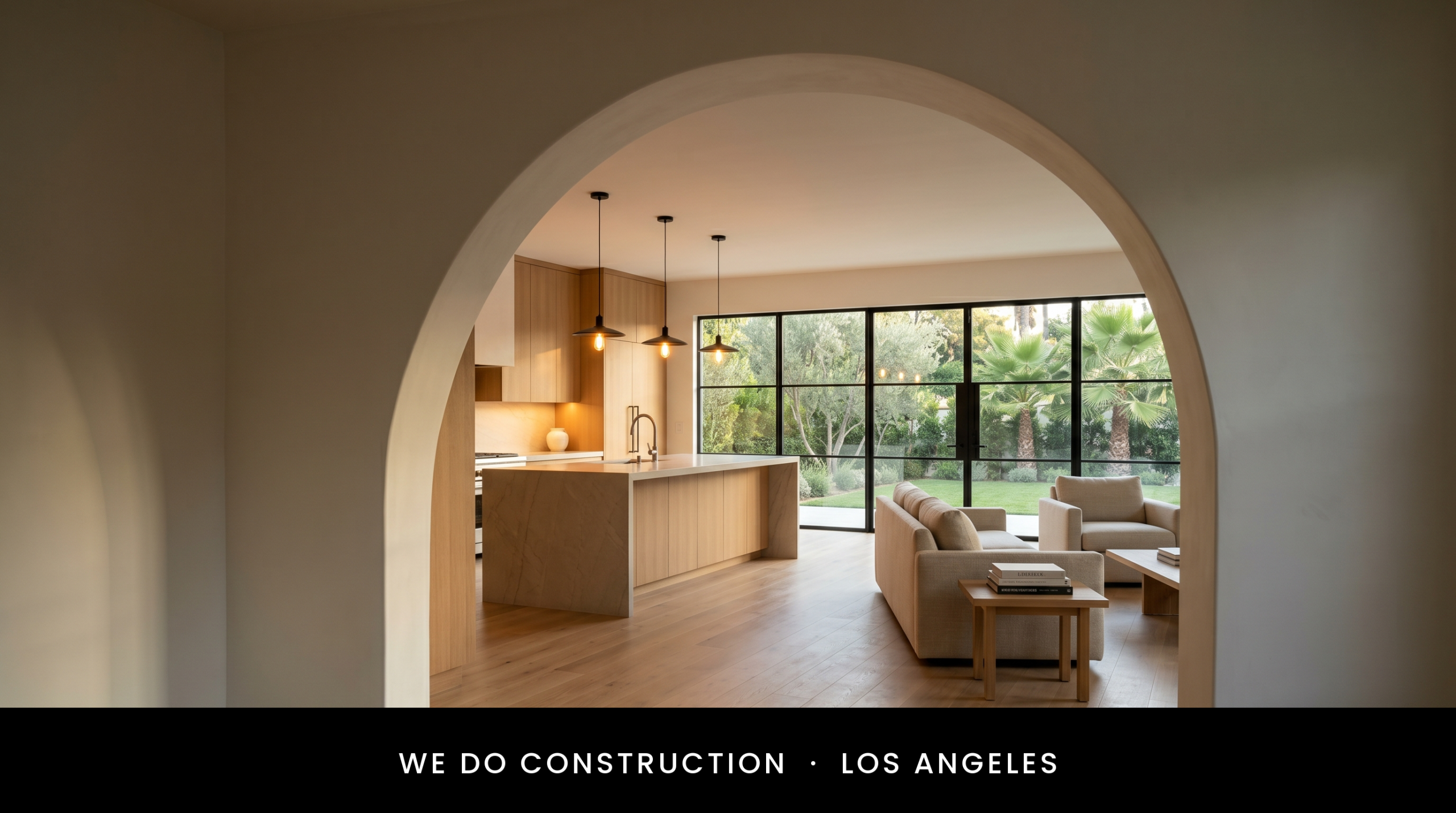 Arched opening + palms + Med register — Beverly Hills full-home study.
