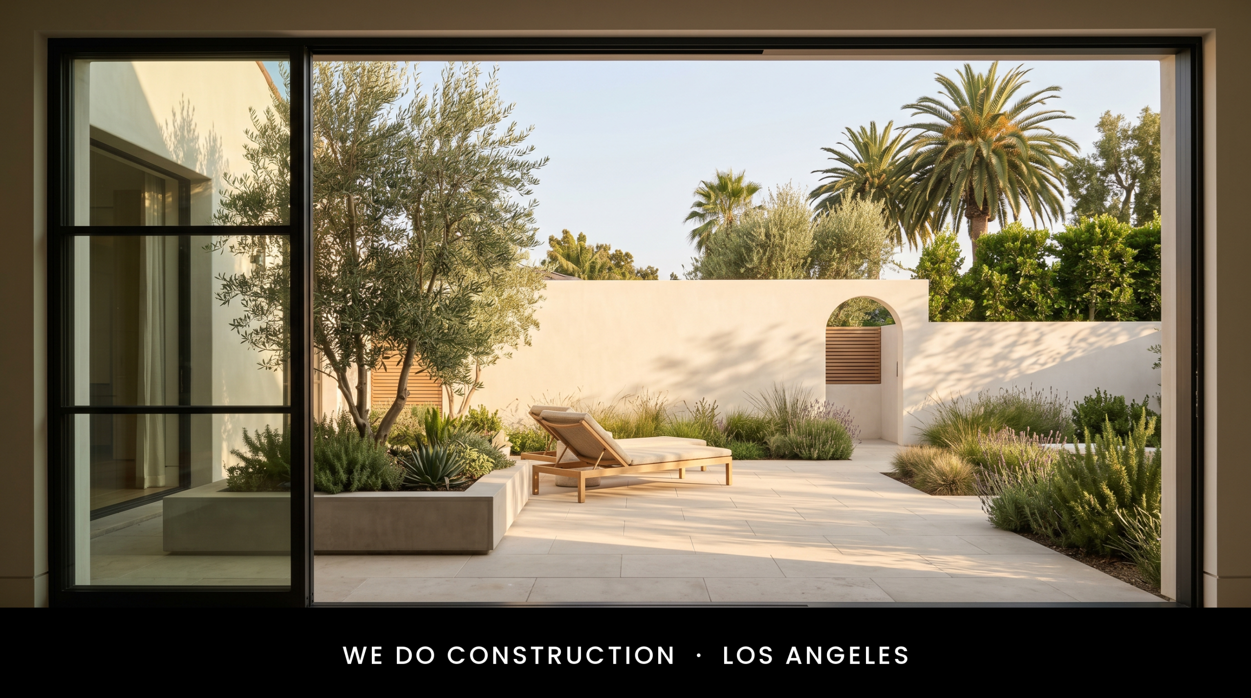 Concrete patio, palms, sandstone wall — Beverly Hills outdoor living.