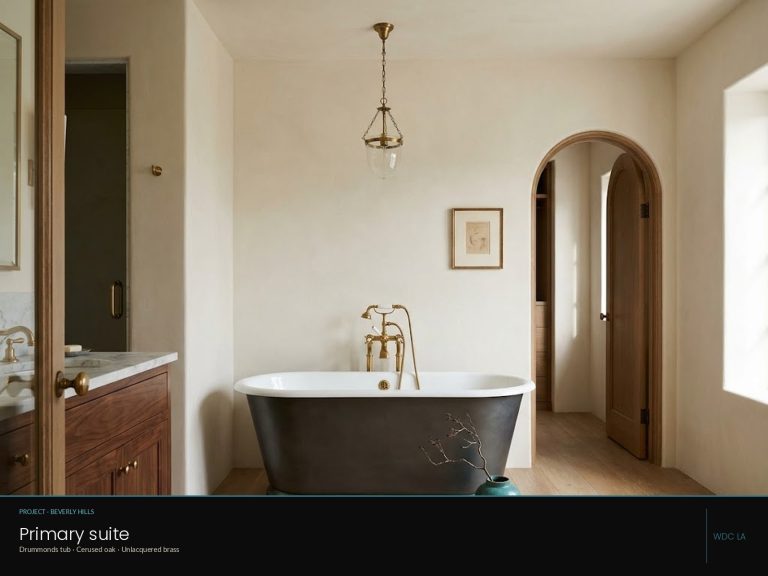 Beverly Hills primary bathroom — design-build bathroom renovation with marble and brass detail, We Do Construction.