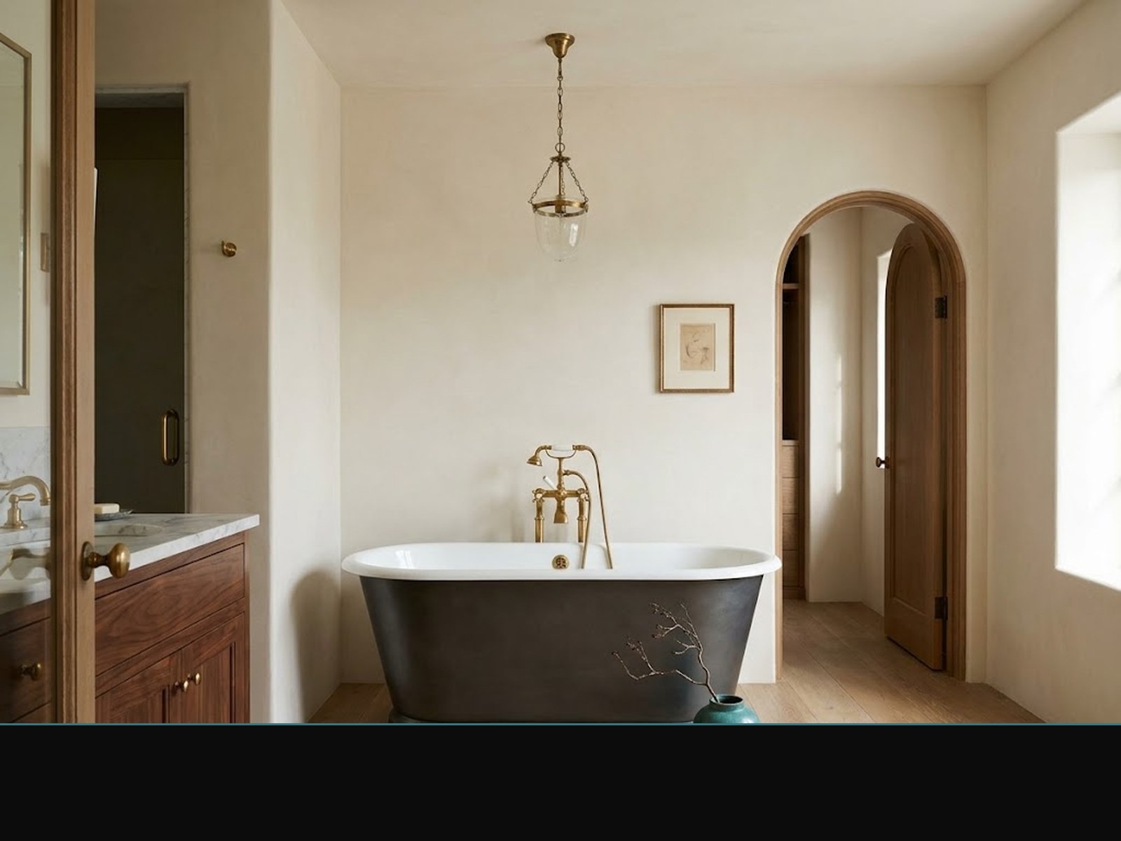 Beverly Hills primary bath — bookmatched stone, honed marble, double vanity