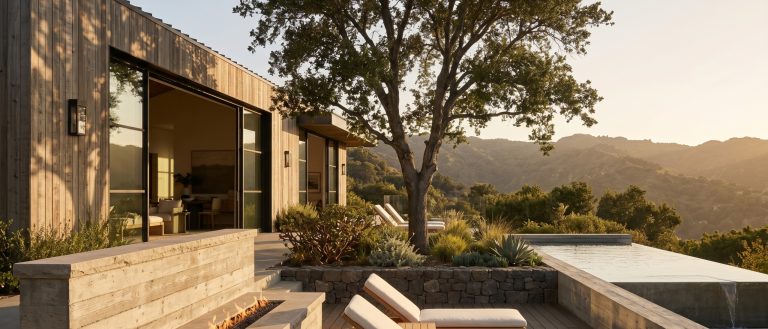 Hillside outdoor terrace at golden hour — We Do Construction Los Angeles landscape and hardscape design-build.