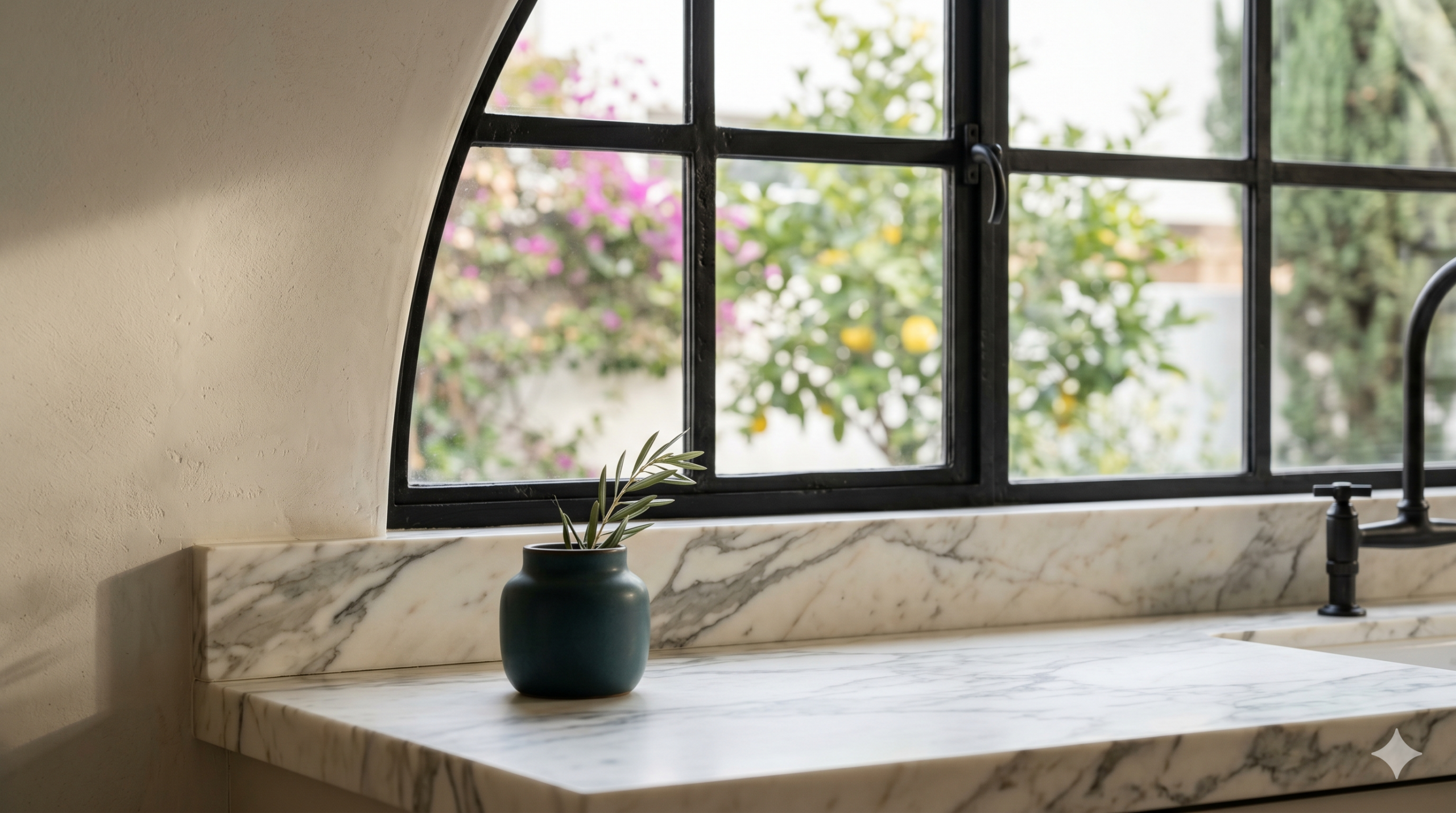 The Beverly Hills Kitchen Volume — restored 1928 arched window meeting new honed Calacatta marble and original lime-washed plaster