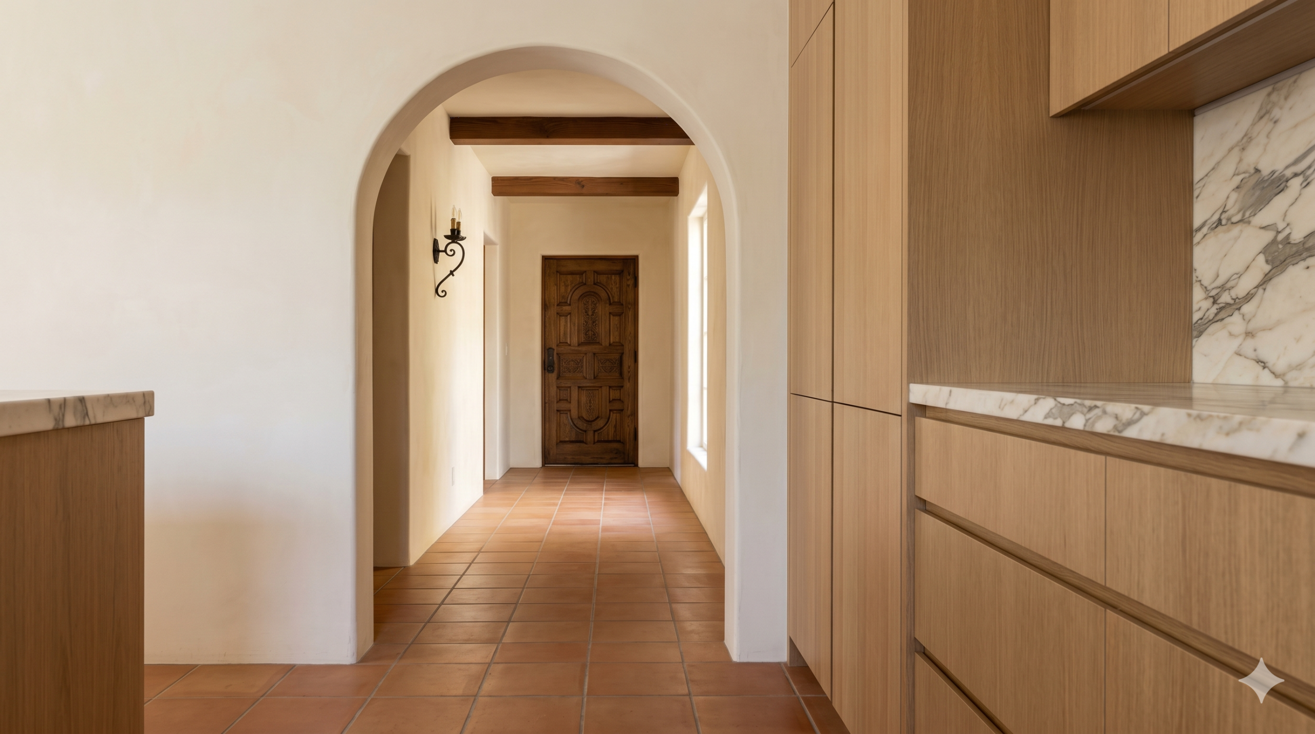 The Beverly Hills Kitchen Volume — arched passageway from new kitchen back into the original 1928 plasterwork hallway with saltillo tile