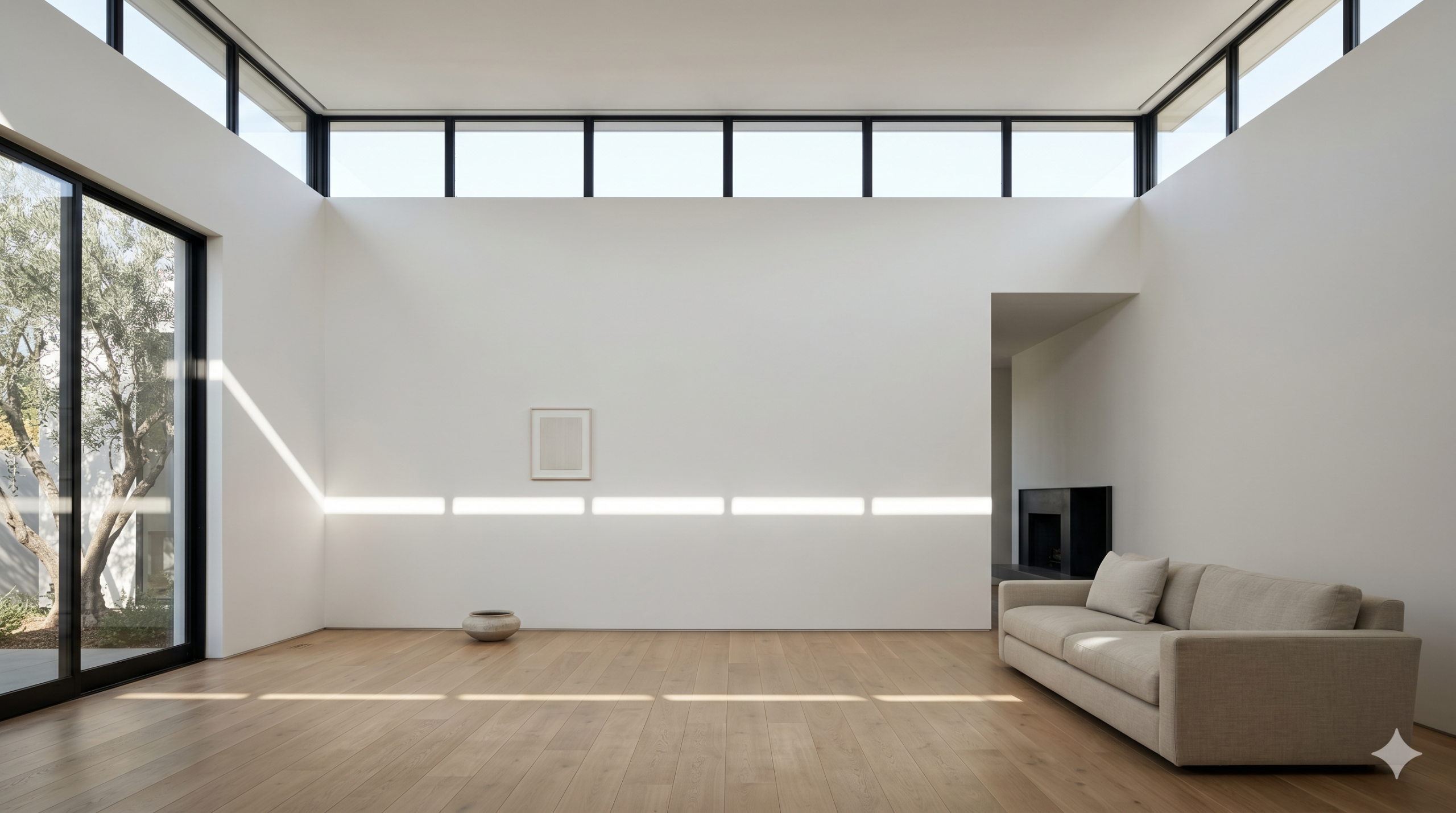 The Brentwood Light Study — clerestory daylight casting horizontal light bars across white plaster and rift-sawn white oak
