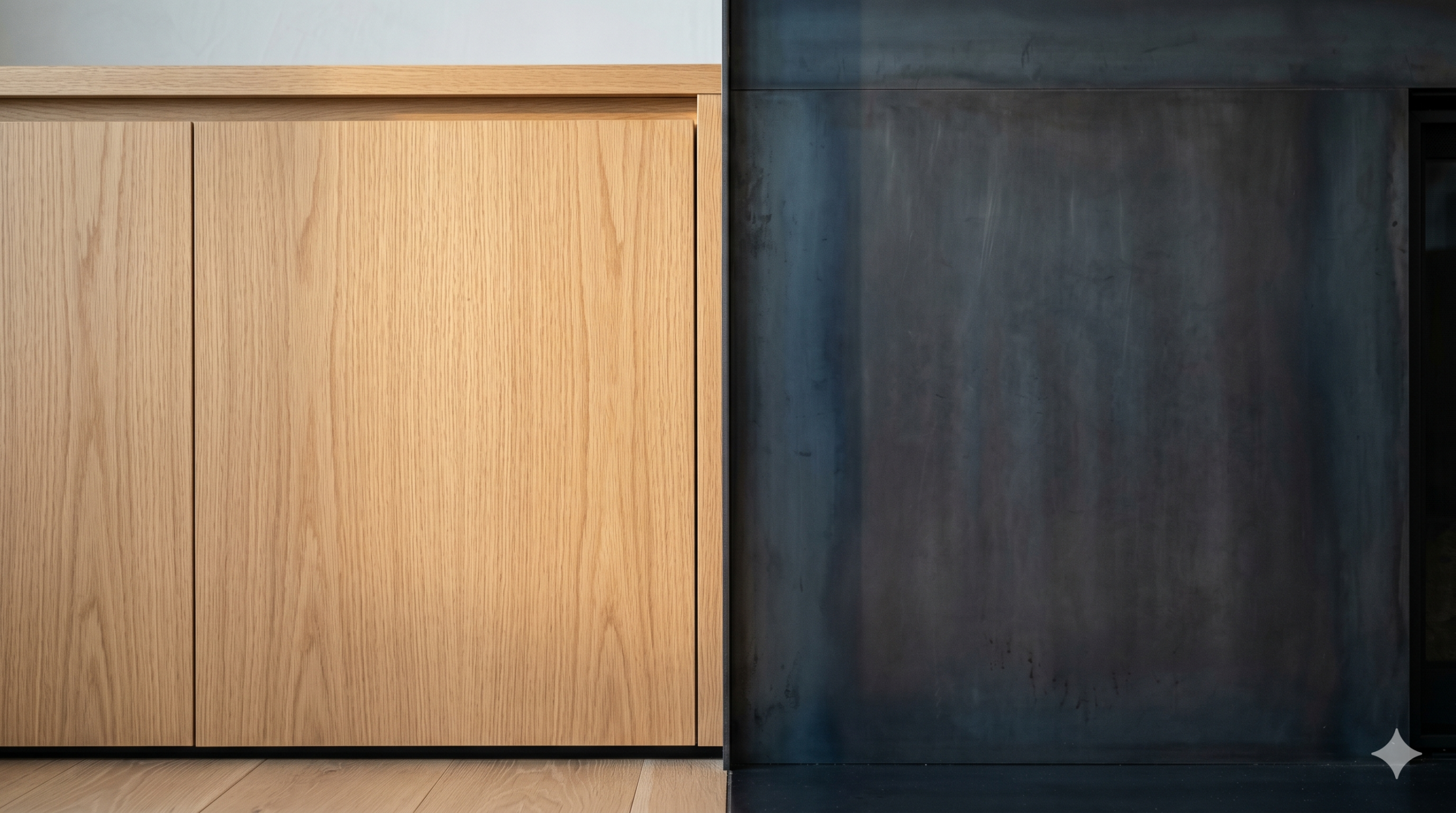 The Brentwood Light Study — rift-sawn white oak millwork meeting a blackened-steel fireplace surround in afternoon light