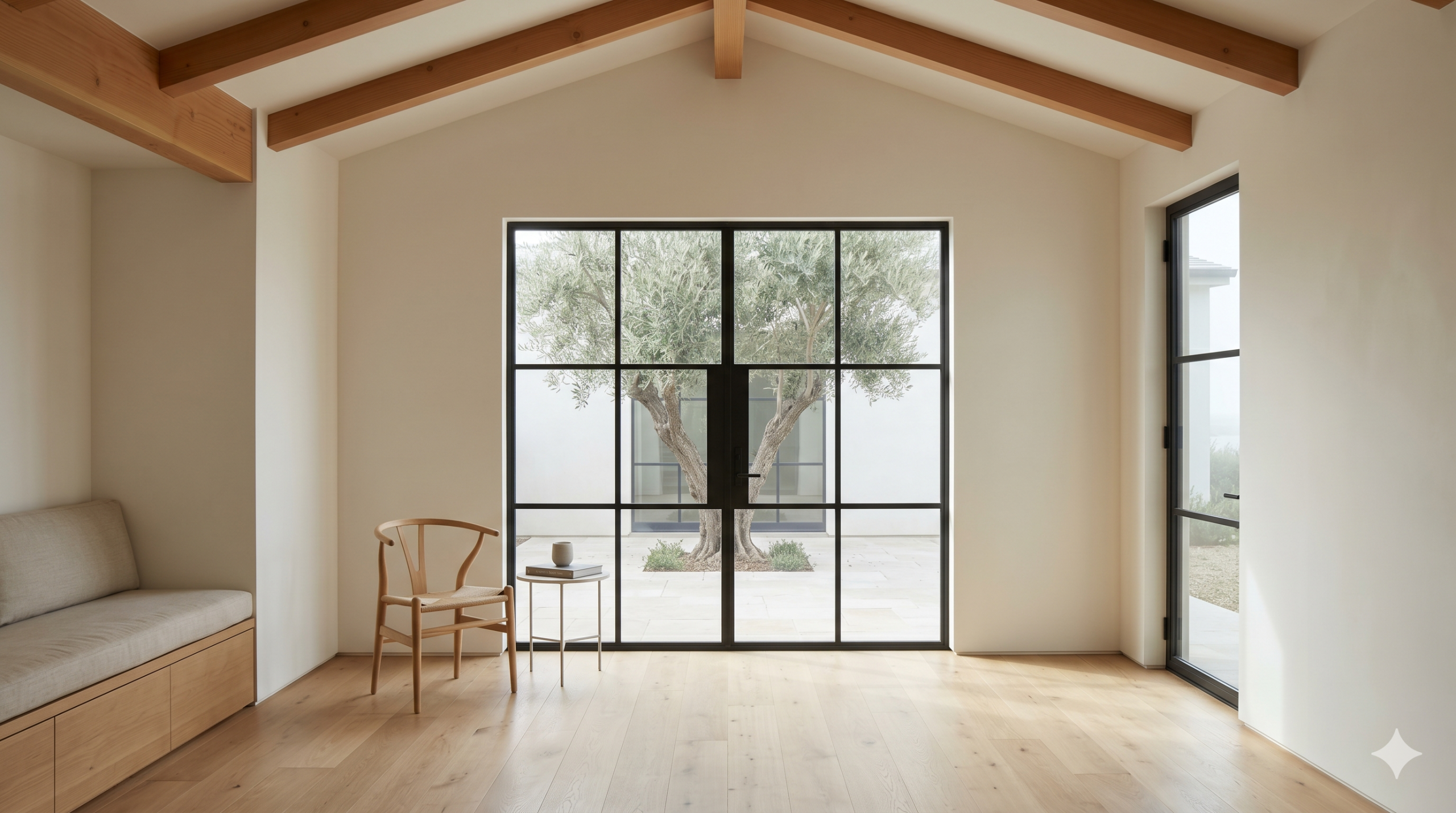 The Pacific Palisades Courtyard — converted ADU interior with vaulted Douglas fir post-and-beam ceiling and casement window framing the courtyard olive