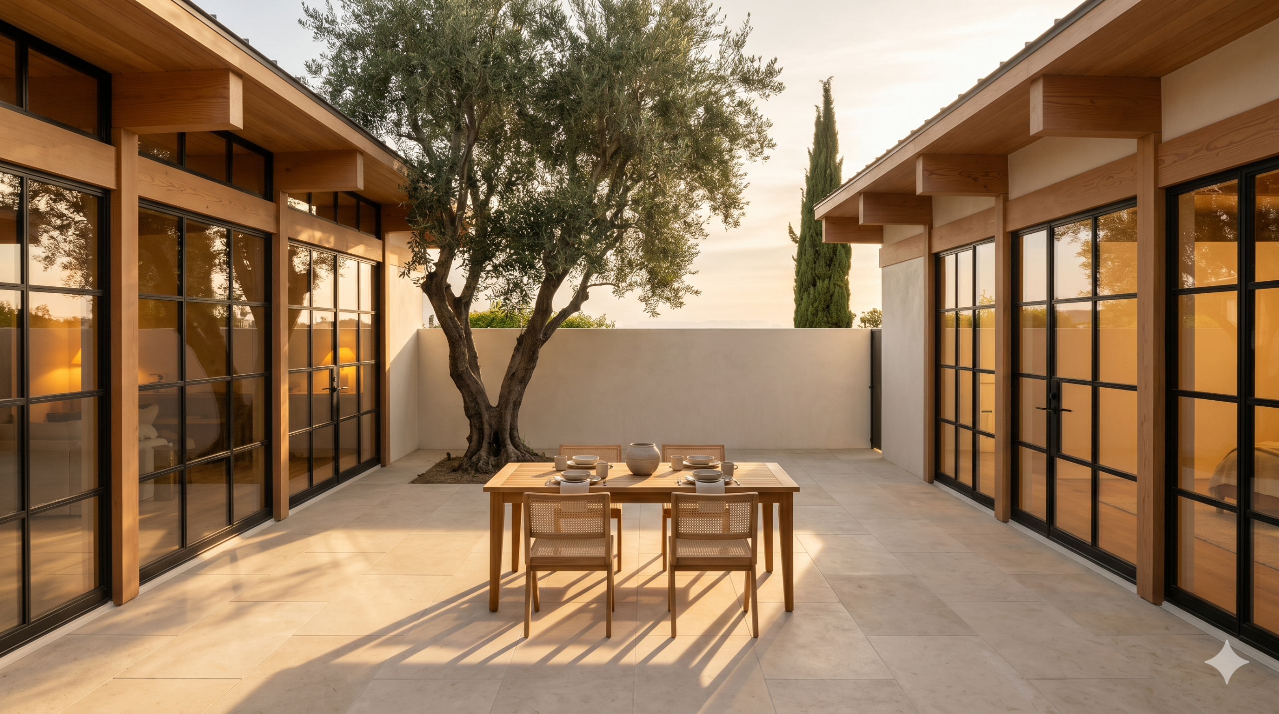 The Pacific Palisades Courtyard — central courtyard at golden hour with olive tree casting long shadow across honed limestone paving